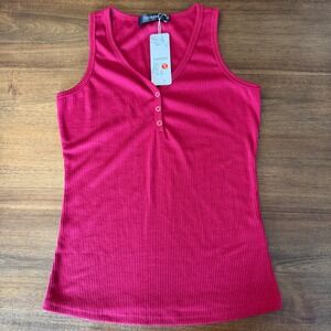 Tecrew Womens Henley Tank Top Ribbed V Neck Sleeveless Shirt Pink Red Size‎ S